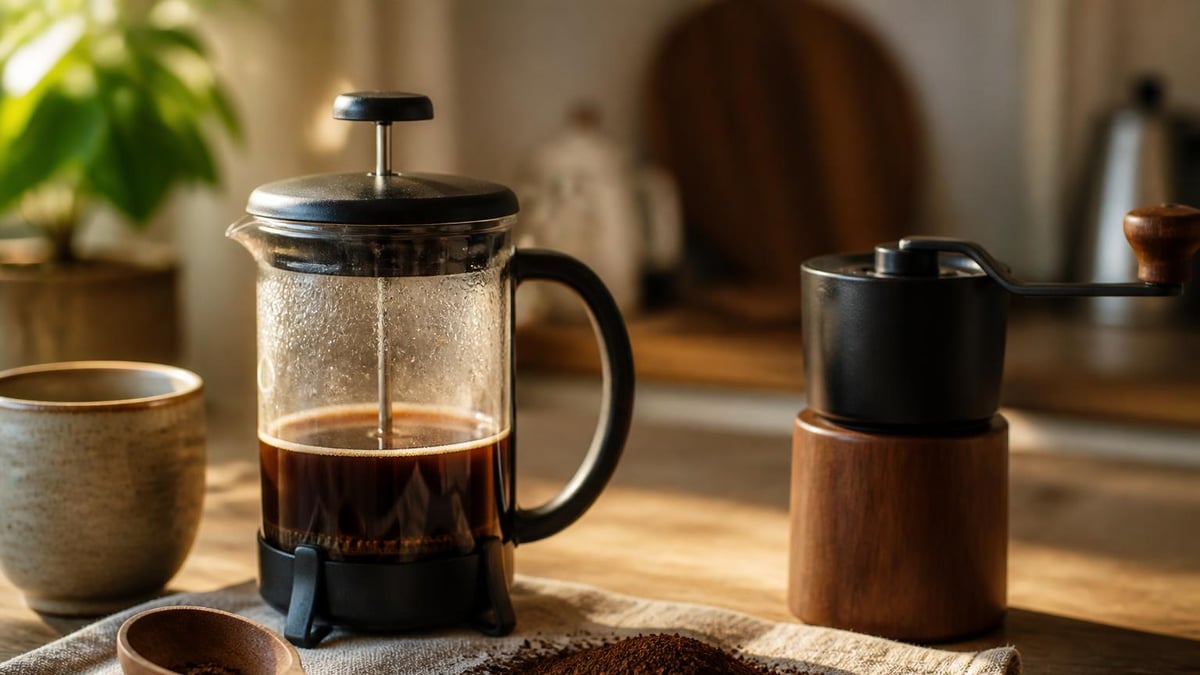 French press on a wooden counter with a coarse pile of grounds and a hand grinder nearby in warm natural light