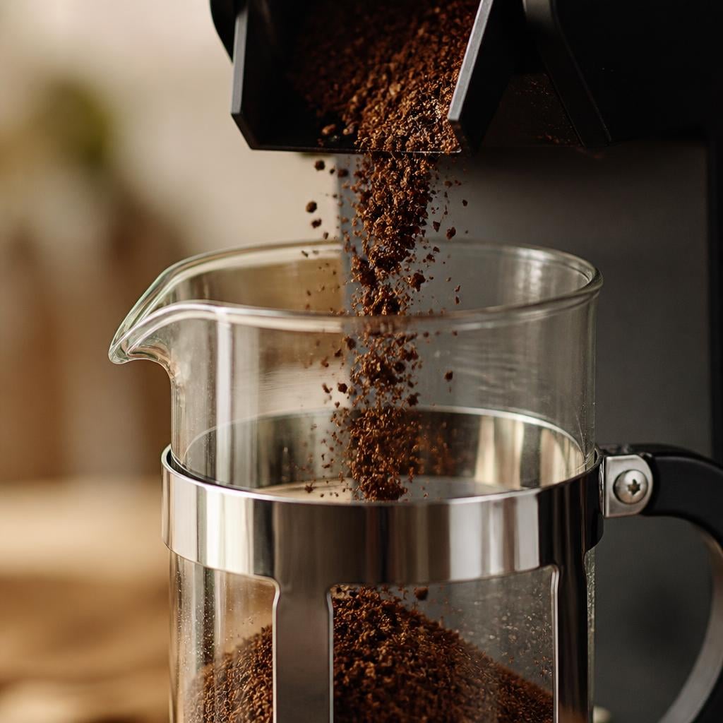 Close-up shot of coarse coffee grounds falling into a French press from a burr grinder chute, visible texture of grounds, neutral background, soft natural light, no people, high detail.