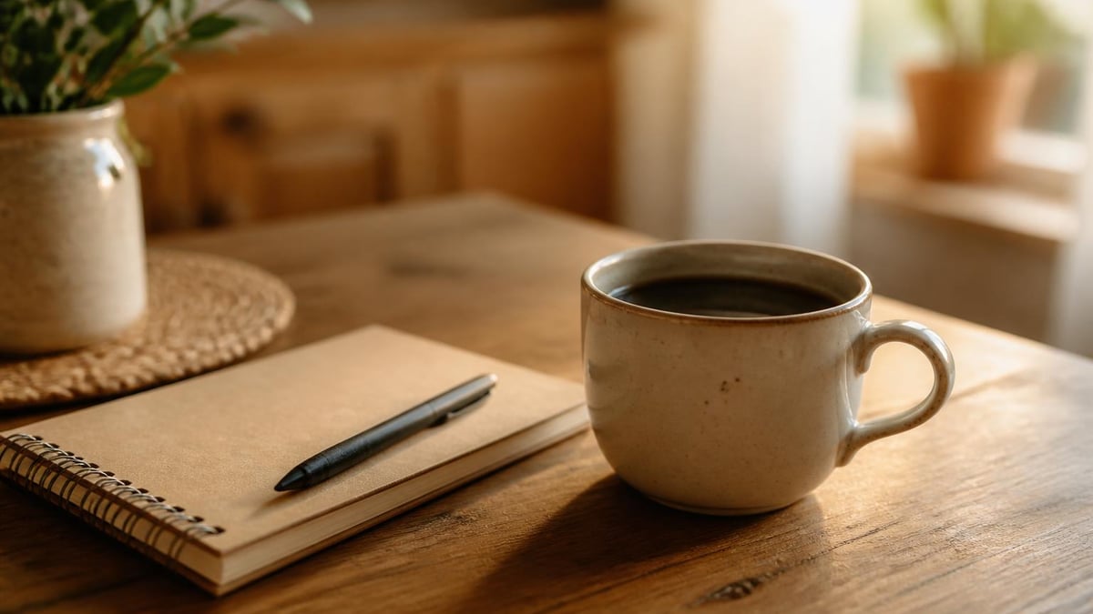 A ceramic cup of coffee on a wooden table with a notebook and pen nearby, warm natural light