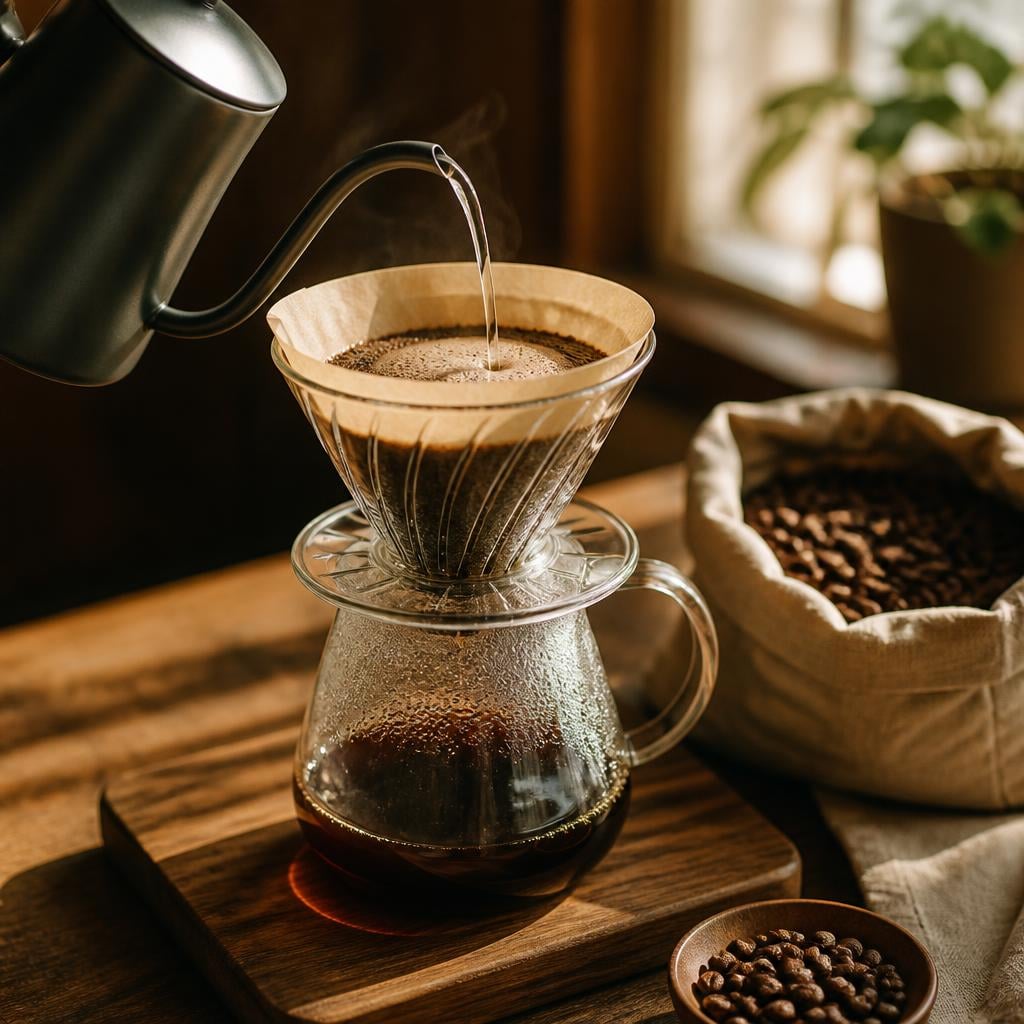 Close-up of a pour-over setup on a small table: kettle mid-pour, glass carafe, fresh beans in a bag beside it, warm window light, hands out of frame