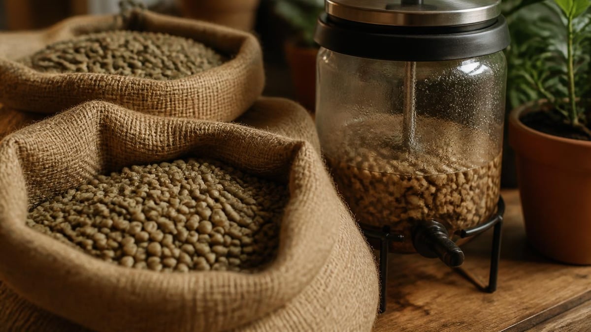 Bags of green coffee and a fermentation tank in soft natural light on a wooden table