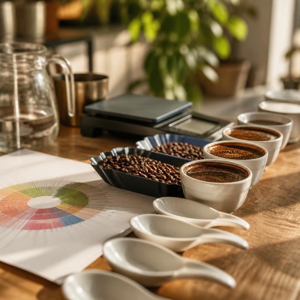 Mid-article photo of a cupping setup: white spoons, cupping bowls, a scale and a roast profile printout on a table in warm natural light, no faces, no text