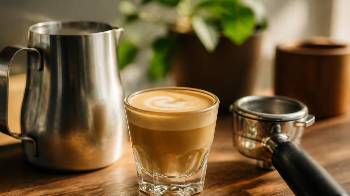 A small glass cortado on a saucer beside a stainless milk pitcher and a portafilter on a wooden counter, warm natural light