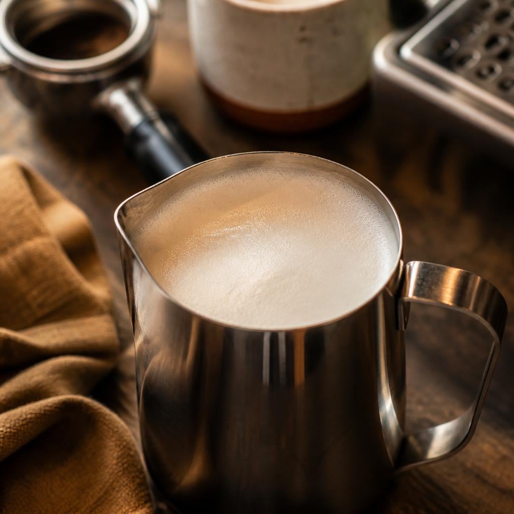 Close-up of a barista-style milk steaming pitcher showing glossy microfoam texture, surrounded by coffee tools on a well-used countertop. Warm light, no faces, no text.