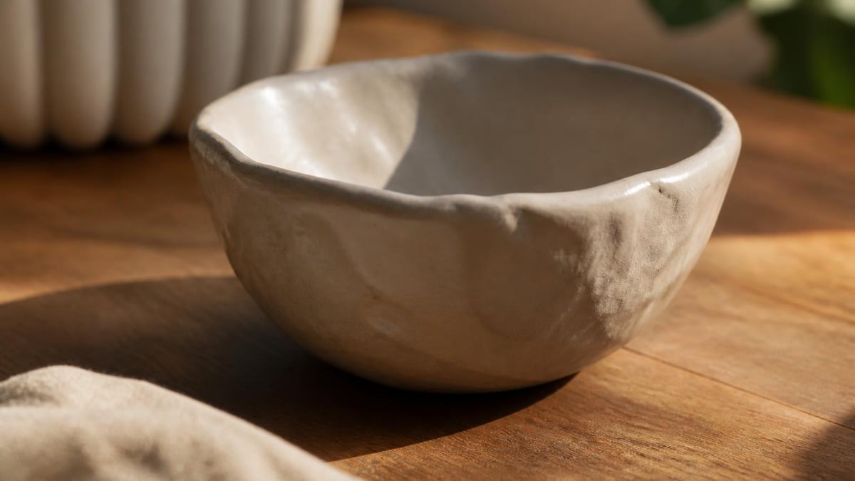 A small finished air-dry clay bowl on a wooden table with soft natural light highlighting its sealed surface