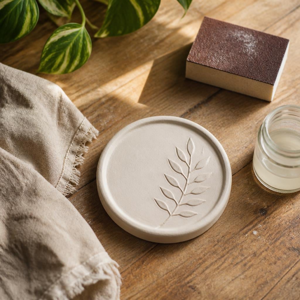 Overhead photo of a work table with an air-dry clay coaster in progress, sanding block, a cloth, and a small jar of clear sealant. Natural light, tidy arrangement, no people.