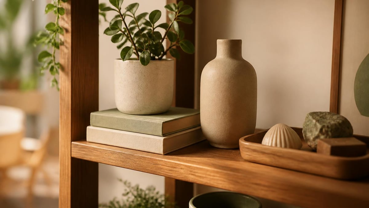 Wooden shelf styled with a small plant, stacked books, a ceramic vase, and a tray of small objects in warm natural light