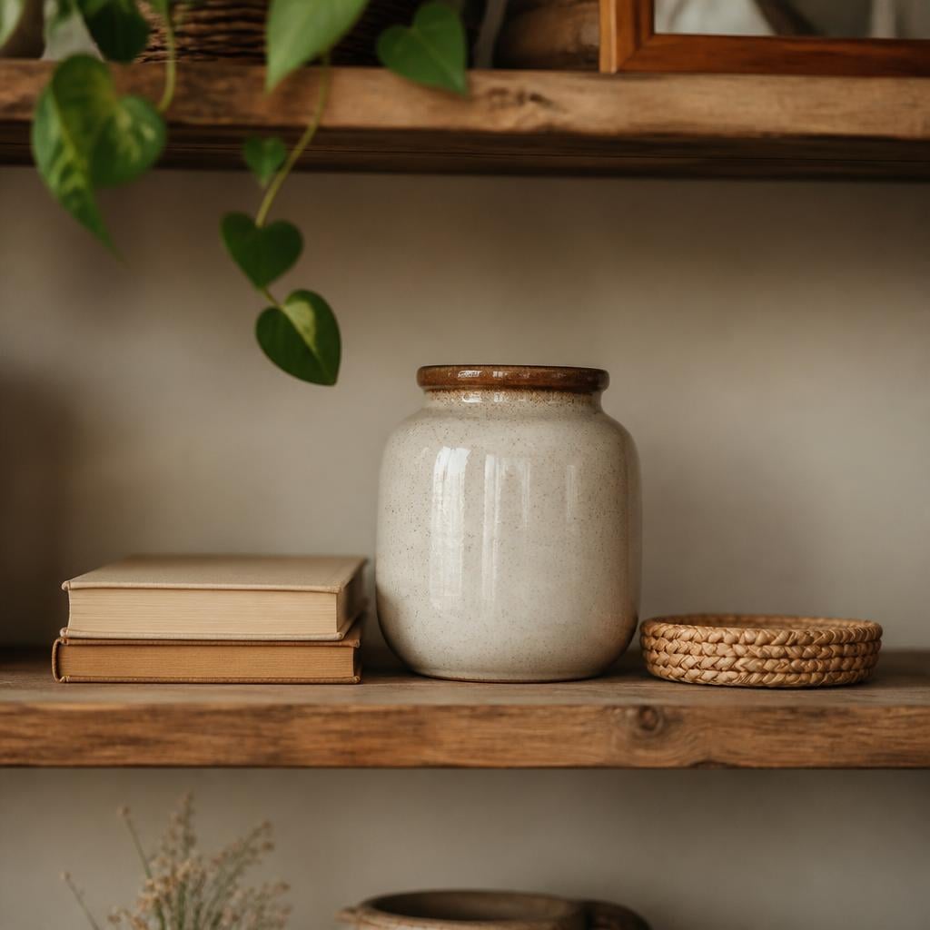 Close-up shot of a small cluster on a shelf: a stack of two narrow books, a 6-inch ceramic jar, and a 3-inch woven coaster, with 1–2 inches of visible negative space on either side.