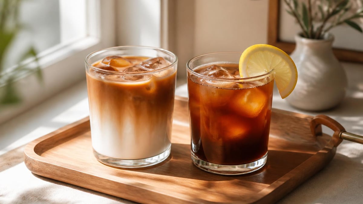 Glass of iced latte and glass of iced coffee side by side on a wooden tray, warm natural light
