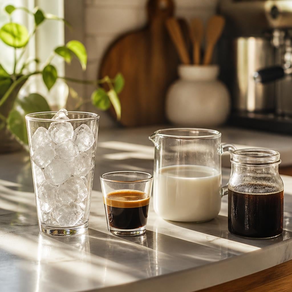 A kitchen scene showing a 12-ounce glass filled with ice next to a pulled espresso shot, a measuring cup of milk, and a small jar labeled 'cold brew' on a tidy counter. Warm natural light, no text, no people.