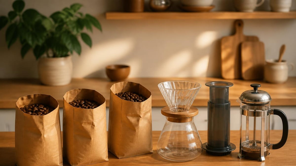 A countertop with three labeled coffee bags, a V60 dripper, an Aeropress, and a French press arranged in warm natural light.