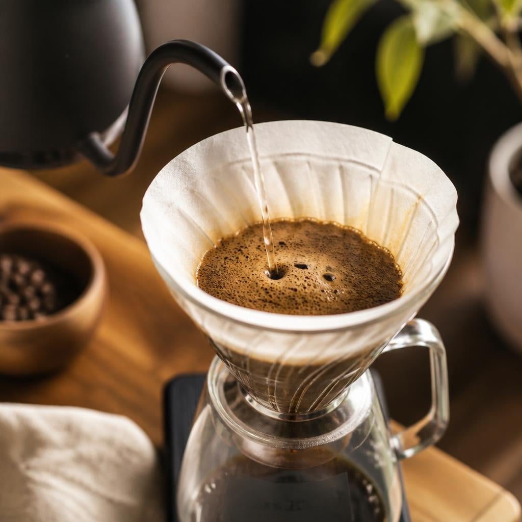 Close-up of a V60 pour-over mid-pour showing coffee grounds blooming, a lightweight gooseneck kettle in the background, and a small scale under the dripper. Warm natural light, shallow depth of field, no faces, no text.