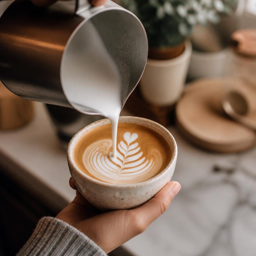 An action shot of a hand pouring milk from a 16 oz pitcher into a cup to form a rosetta. Focus on the spout and the developing pattern, soft natural light, kitchen background slightly blurred.