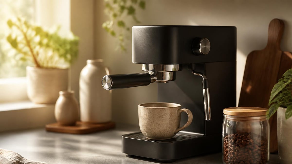Countertop coffee machine, a bag of beans, and a mug on a wood surface in warm morning light
