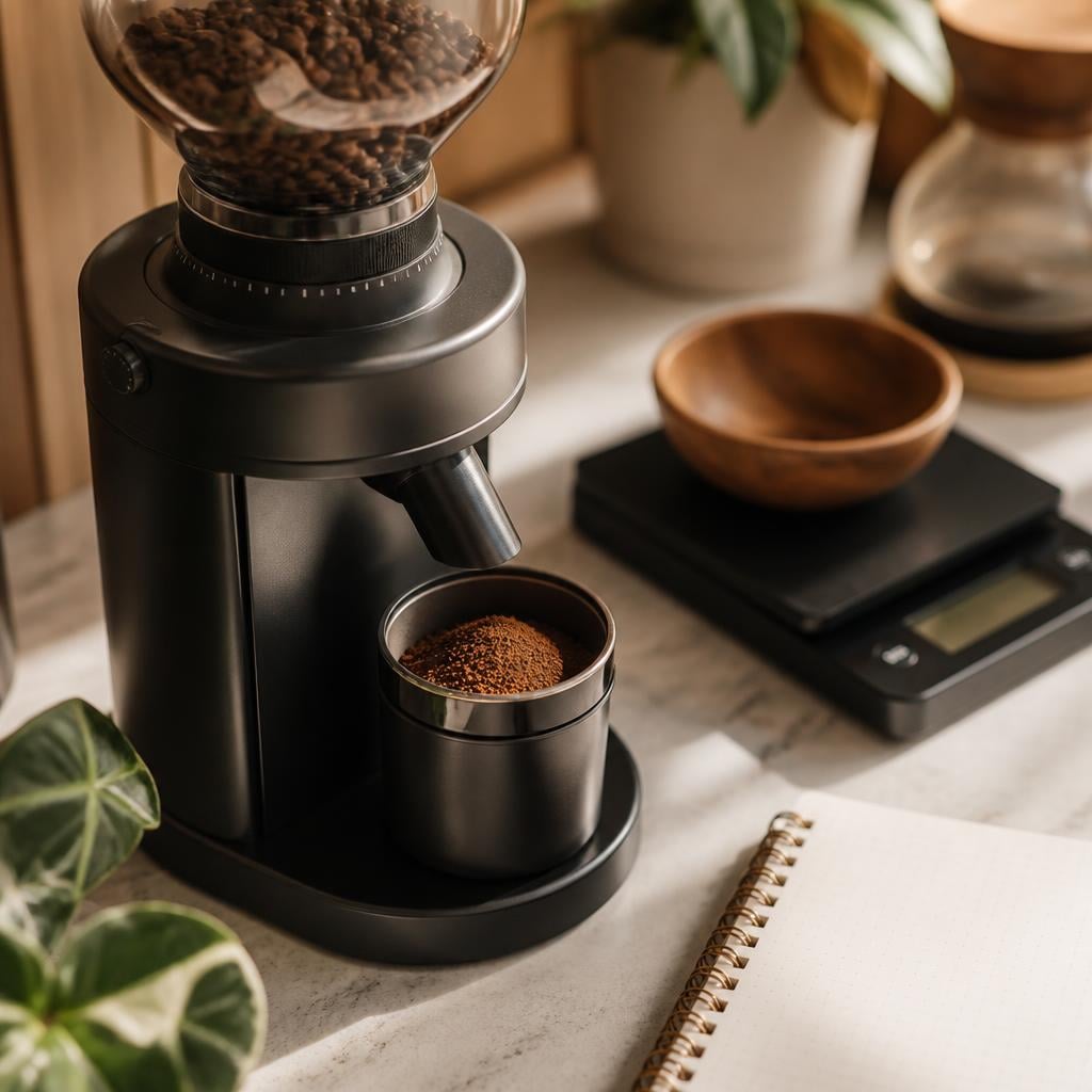 Close-up of a burr grinder next to a scale and a notebook with brew ratios written. Warm light, hands-off composition, clean countertop, no faces, no text.
