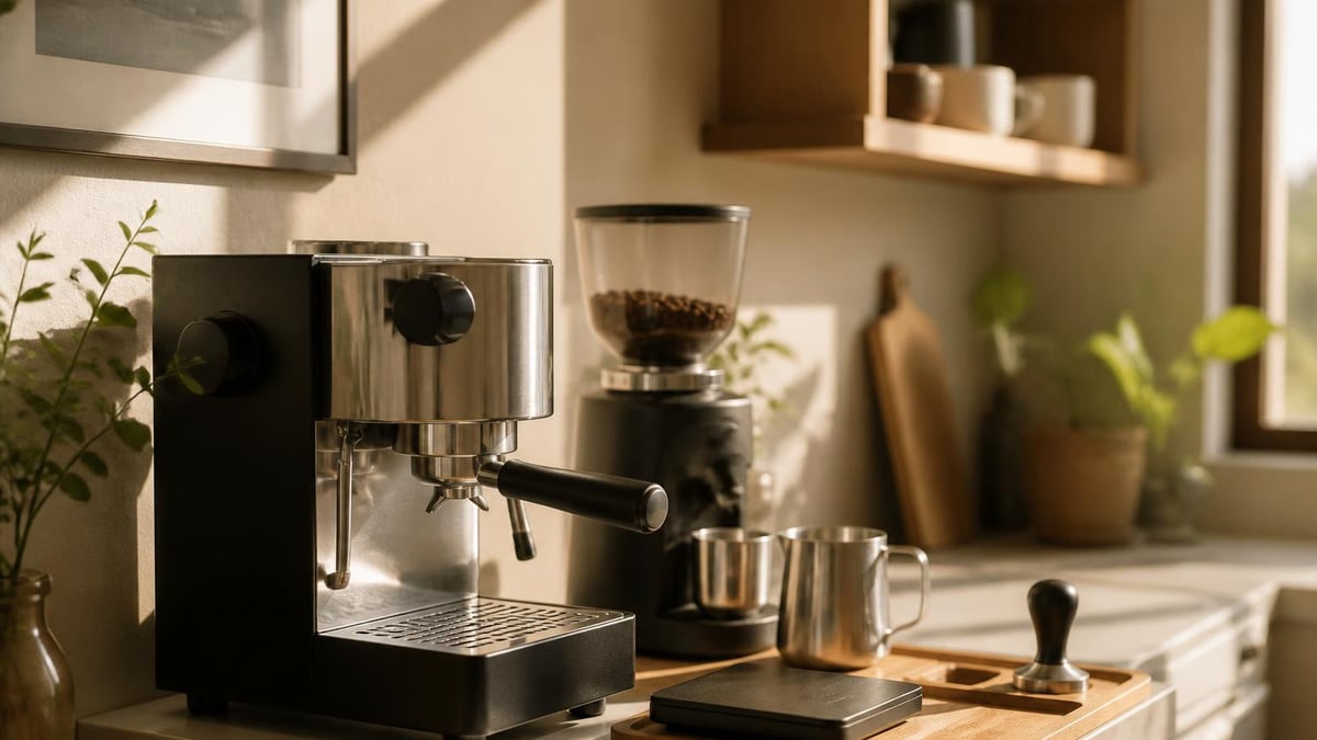 A compact home espresso setup on a small counter: espresso machine, grinder, and milk pitcher in warm natural light