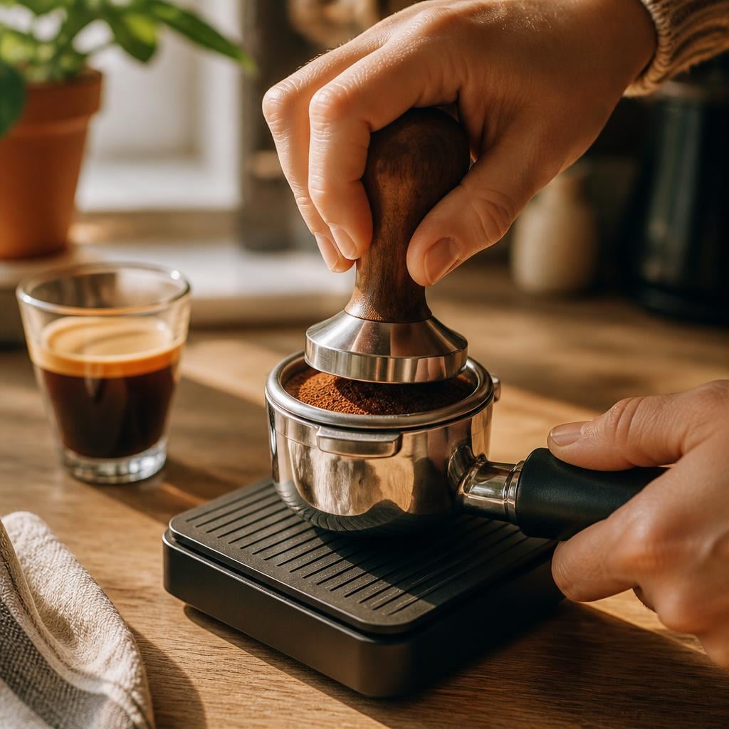 Close-up of hands tamping coffee in a metal portafilter on a scale, warm natural light, visible crema on a pulled shot in the background, no faces, cozy kitchen feel.